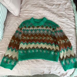ASOS Green Fair Isle Cropped Crewneck Sweater